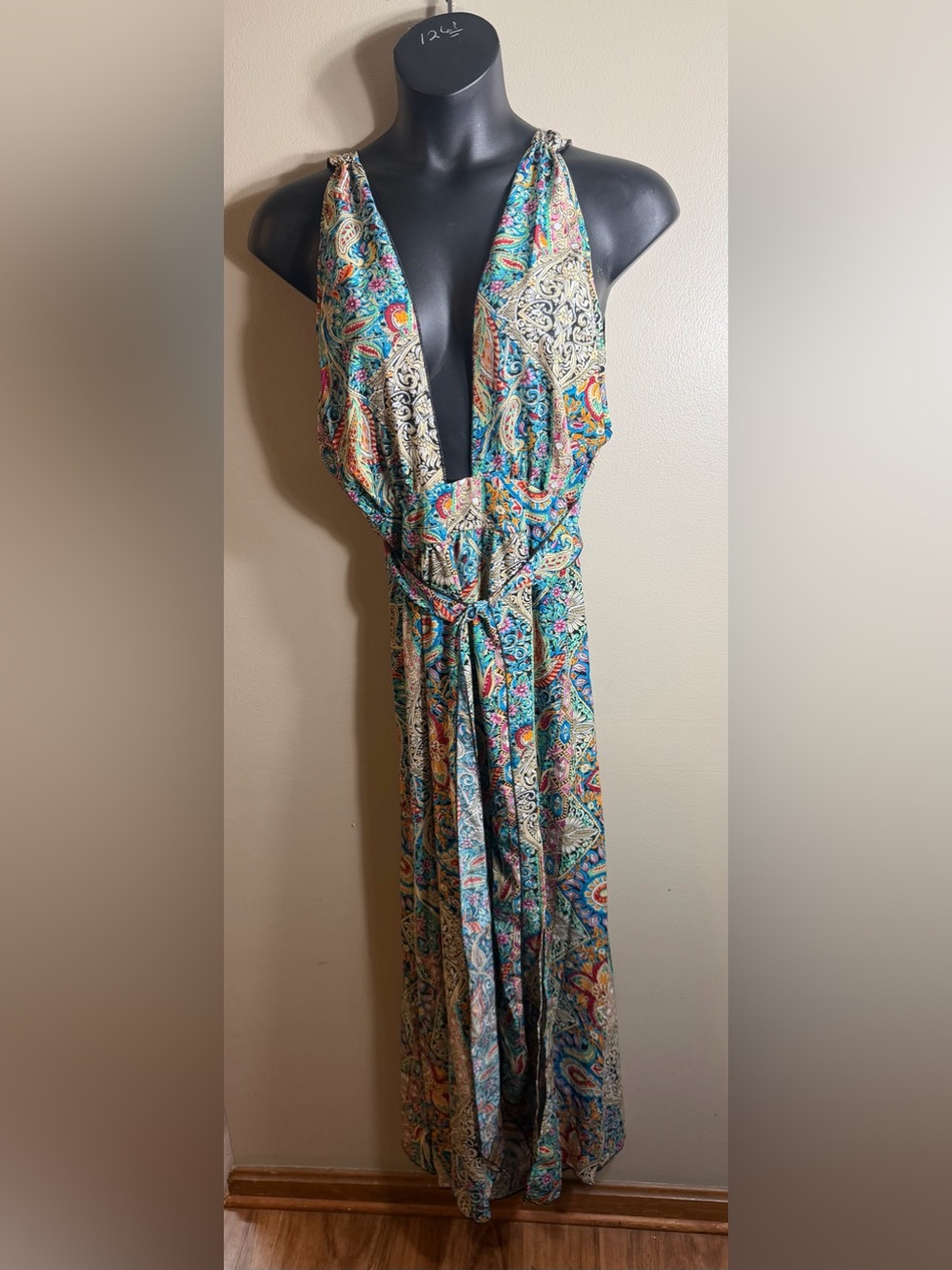 Boho Paisley Plunge Maxi Dress Womens Large Resort Festival